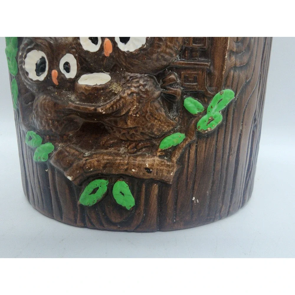 Vintage Treasure Craft Flour Canister Owl Tree Trunk Ceramic Wood Grain USA